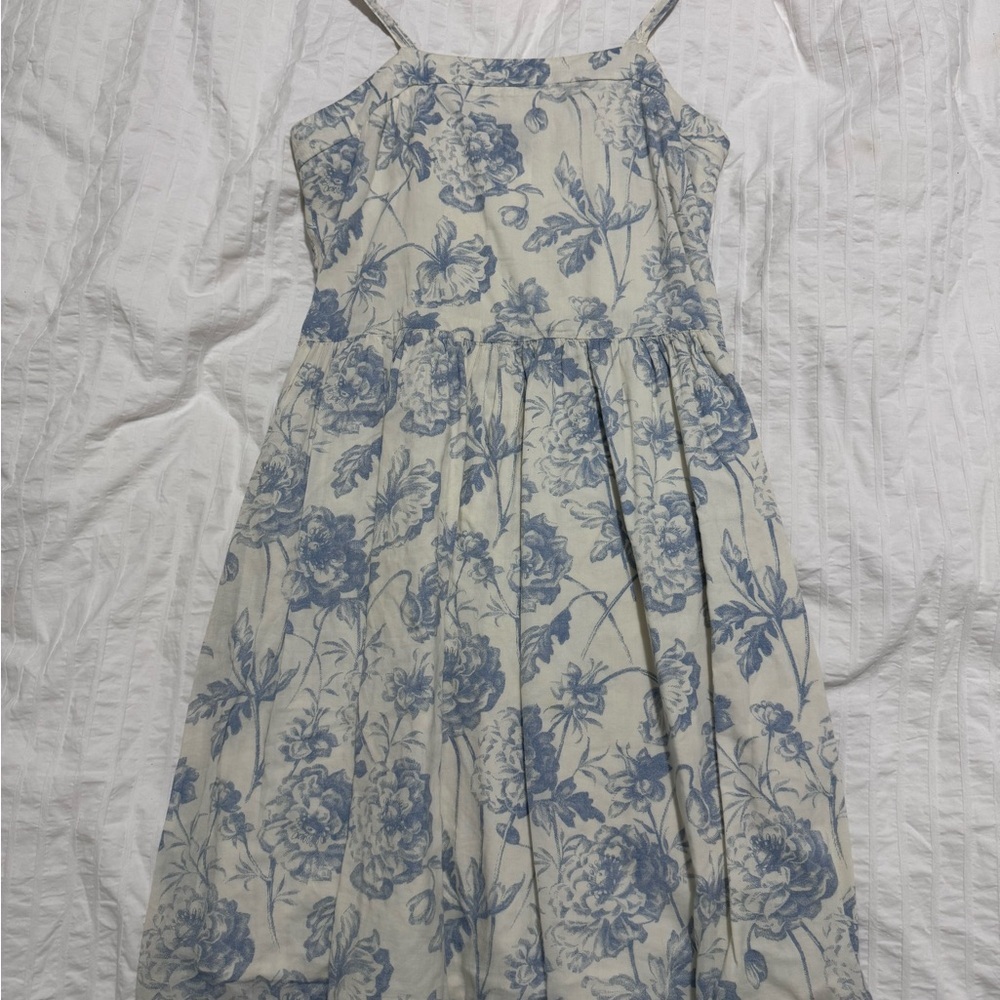 Romantic Blue & White Toile Floral Midi Sundress – Cottagecore Aesthetic